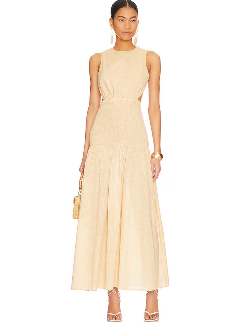 Sleeveless Cream Maxi Dress with Smocked Waist and Cutout Detail